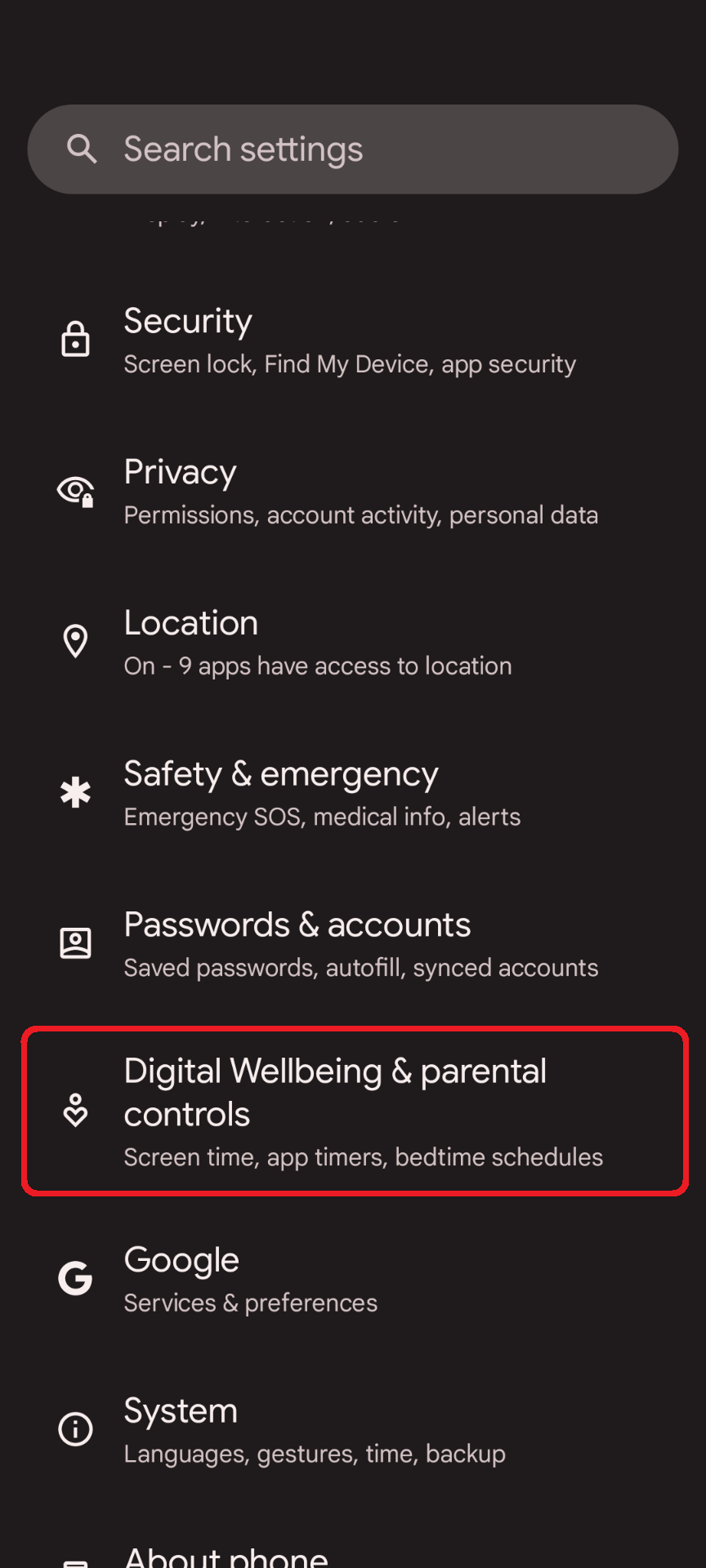 digital wellbeign settings