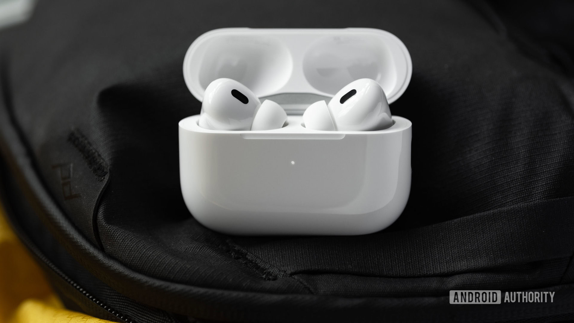 Apple AirPods Pro 2nd generation true wireless earbuds case open headshot The Apple AirPods Pro (2nd generation) case is open and laying at an angle to show the earbuds and their sensors.