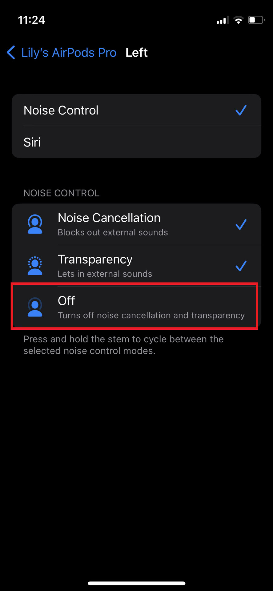 The AirPods Pro 2 settings for control customization.