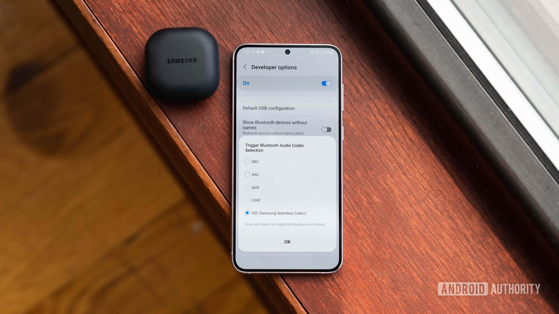 bluetooth codecs samsung galaxy buds 2 pro earbuds 6 The samsung galaxy buds 2 pro case next to a galaxy s23 plus phone with bluetooth codecs.