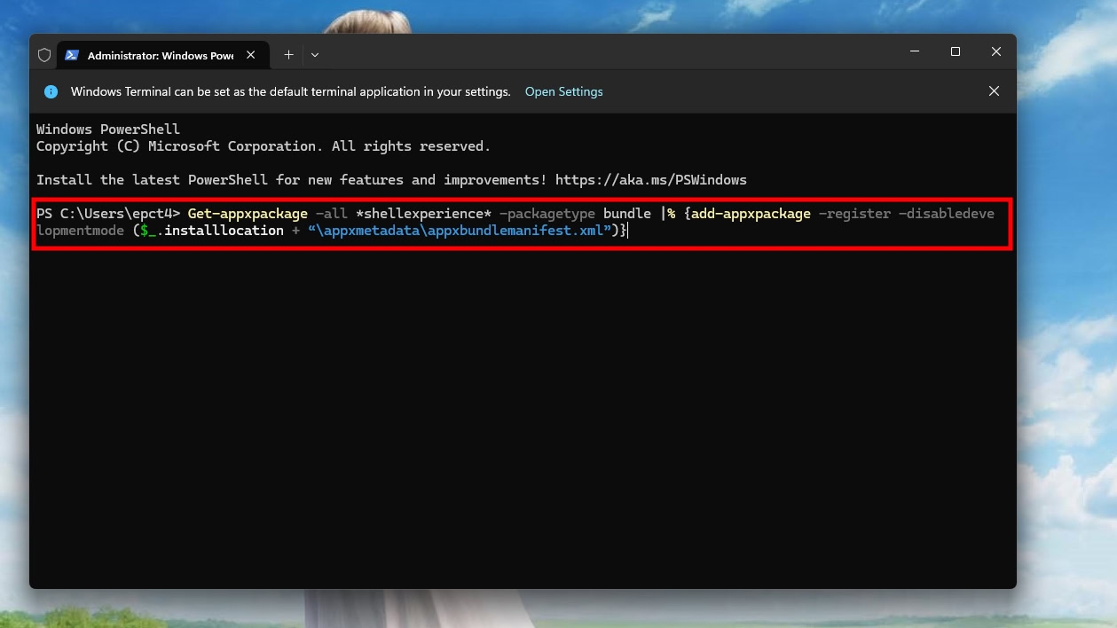 Re register the Start menu Shell experience packages Re register the Start menu Shell experience packages