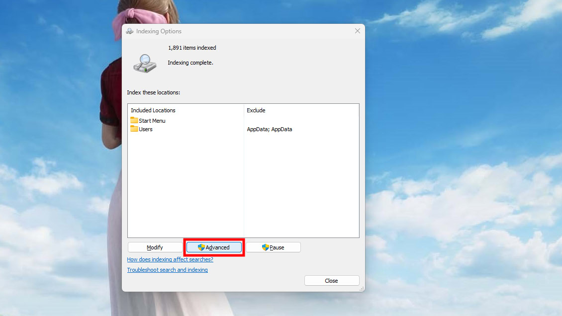 Rebuild the Windows search index (4)