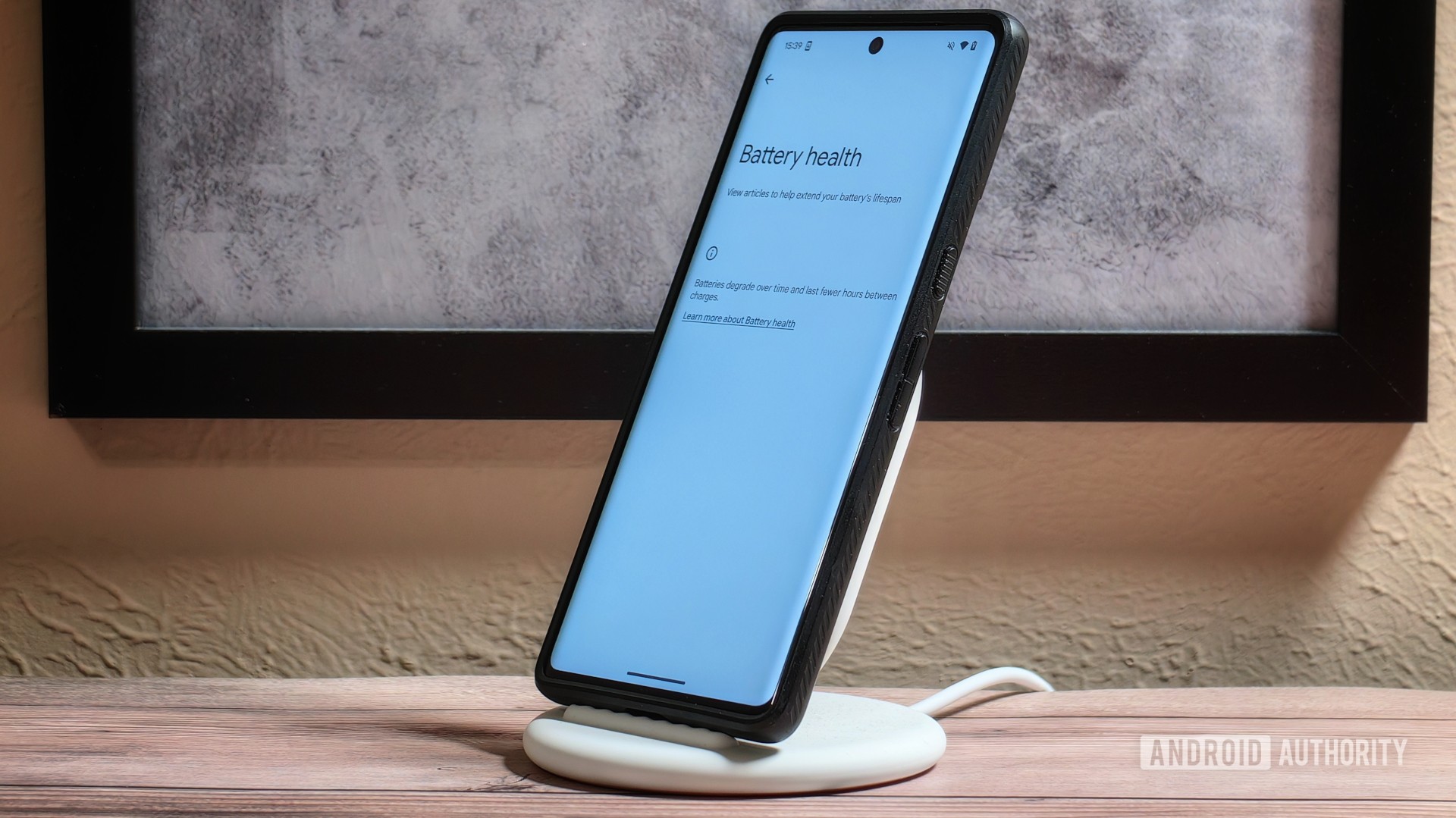 Battery health page on a Pixel 7 Pro charging on a Pixel Stand Battery health page on a Pixel 7 Pro charging on a Pixel Stand