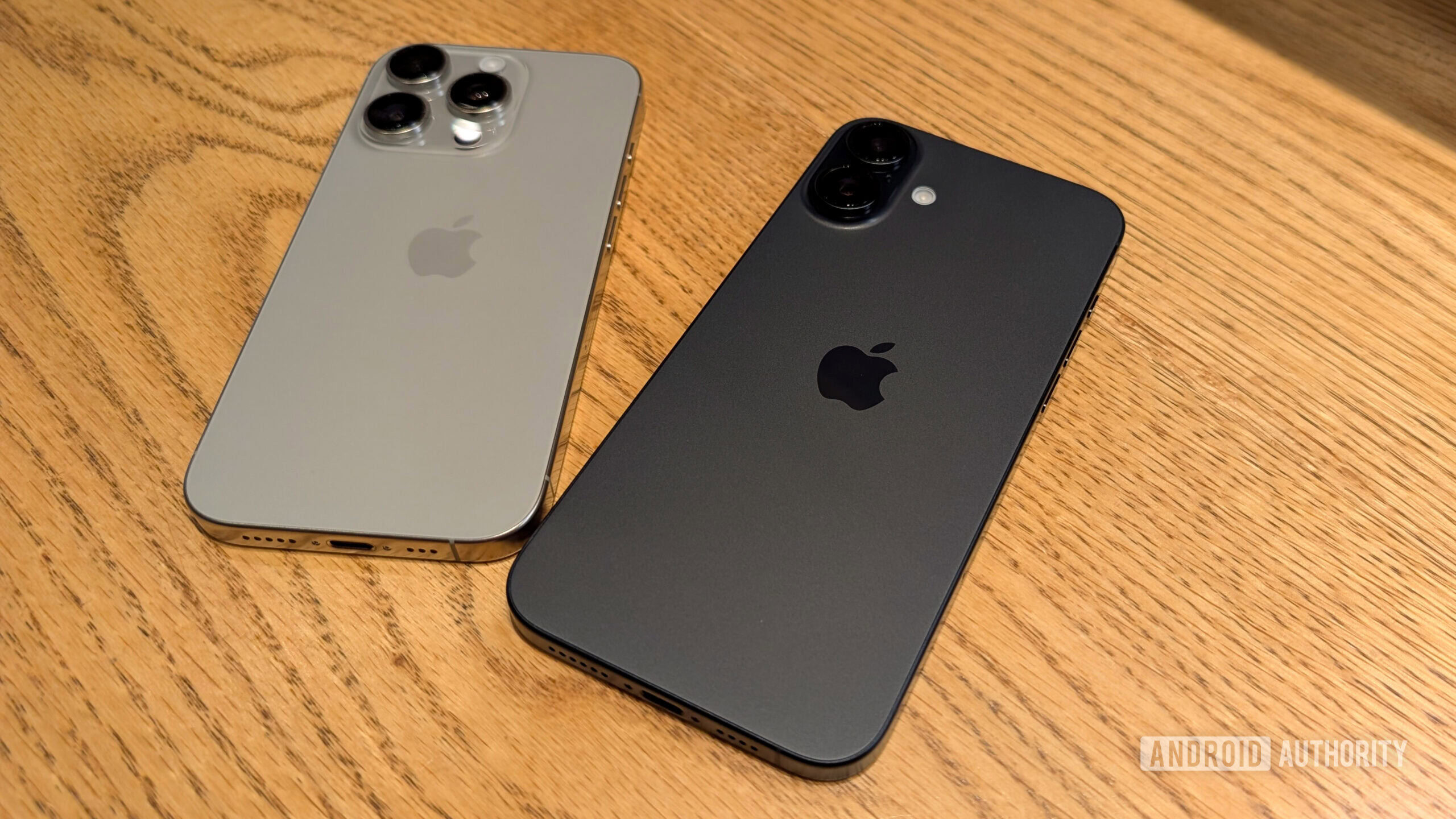 Apple iPhone 16 Pro in Natural Titanium color and iPhone 16 Plus in black color laid out on a table Apple iPhone 16 Pro in Natural Titanium color and iPhone 16 Plus in black color laid out on a table