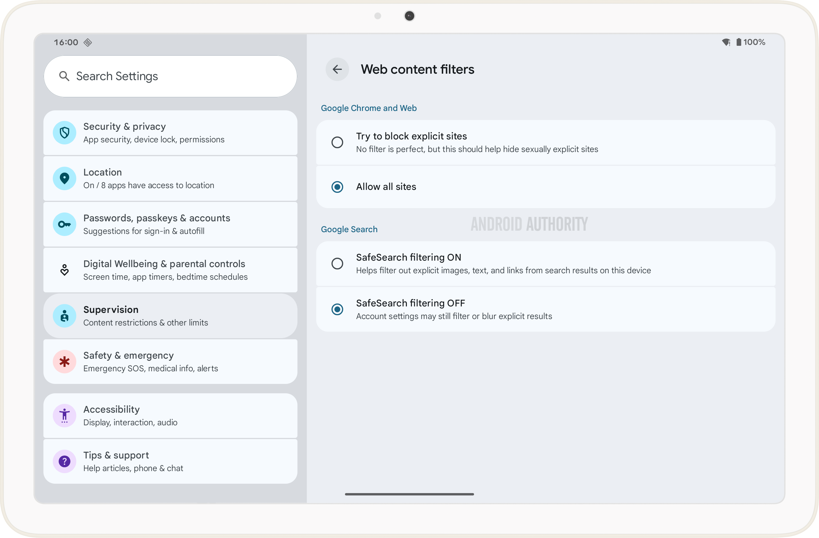Web content filters under supervision settings in Android 16 Beta 4
