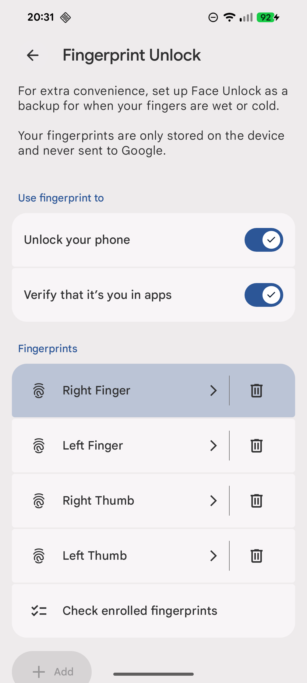 Right fingerprint highlighted in Android 16 QPR1 Beta 2