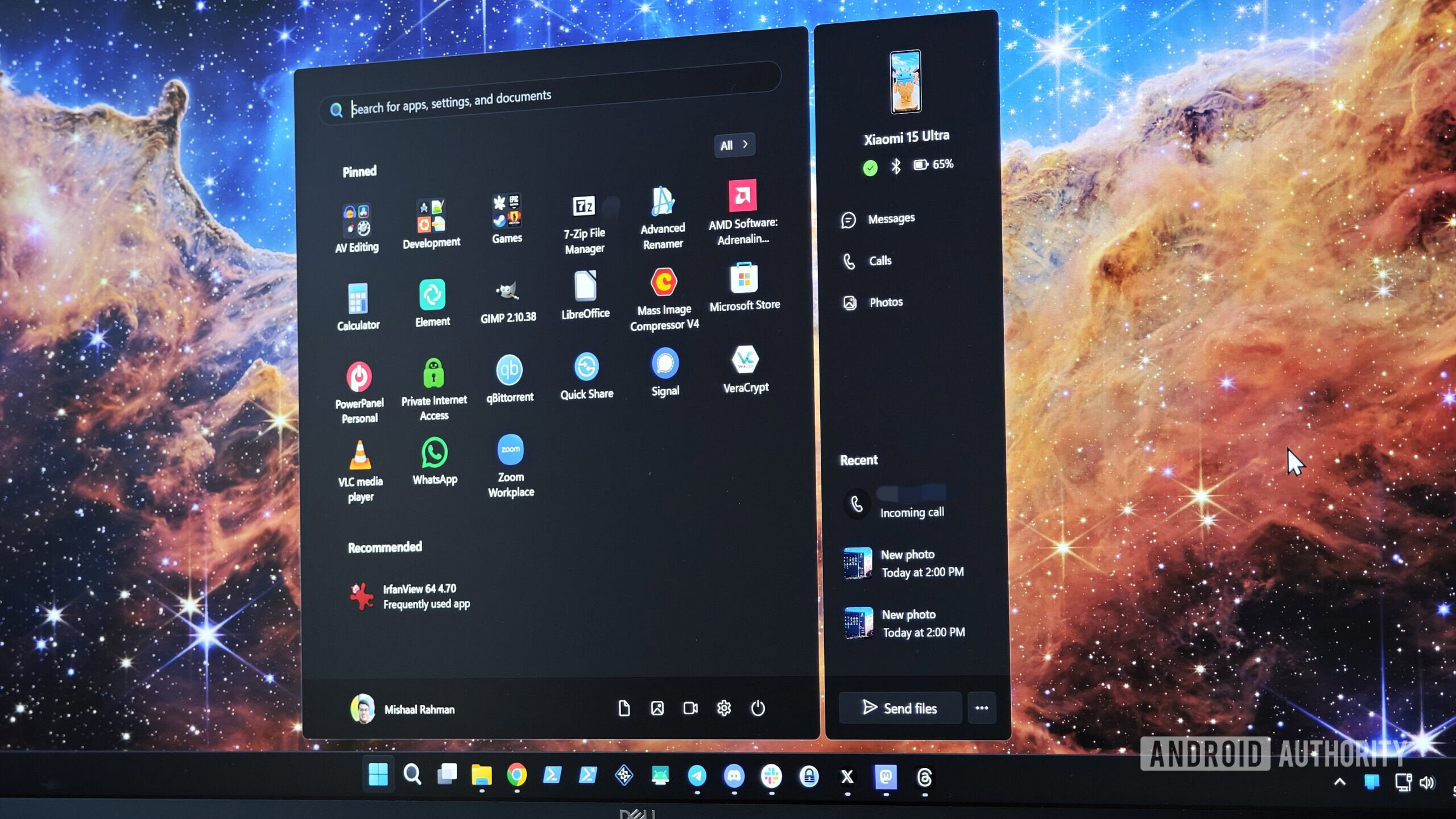 Windows 11 start menu with Phone Link integration