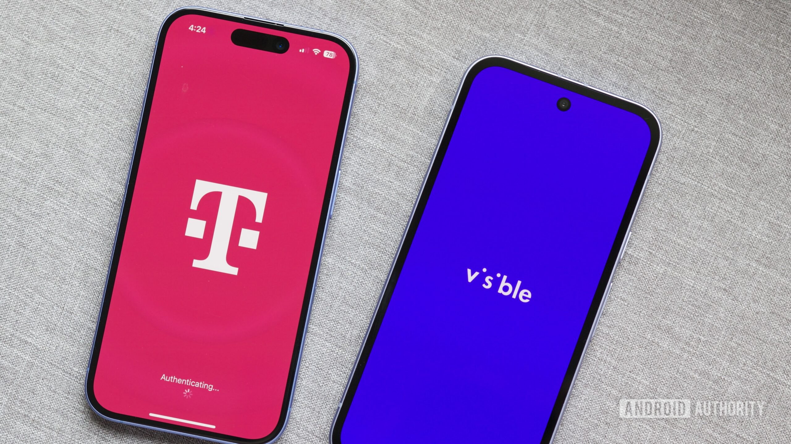 t mobile visible comparison logos 2 Two phones next to each other, one showing the T-Mobile logo, another showing the Visible logo.